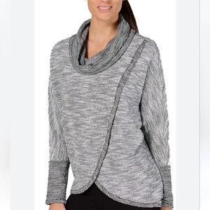 Calvin Klein Cowl Neck Faux Wrap Split Front Gray & White Micro Stripe Top Small